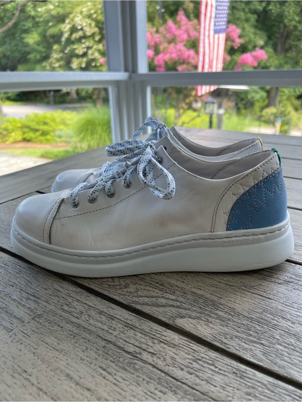 Camper Womens Twins White Leather Sneakers with Blue & Red Heel Accent Size 39